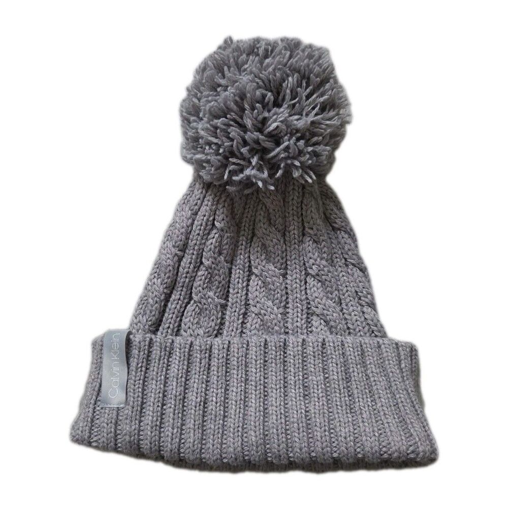 Calvin Klein Gray Cable Knit Pom Pom Beanie Wool Blend Winter Hat EUC